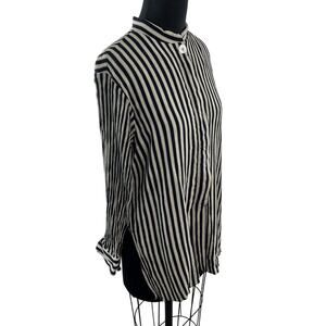 Camille Claudel Gold Black Blouse Striped Collarless Long Sleeve Button Front